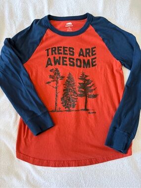 Roots Red and Navy Raglan Long Sleeve Tee with 'Trees Are Awesome' Graphic